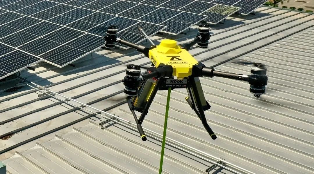 Industrial drone flying over roof for cleaning