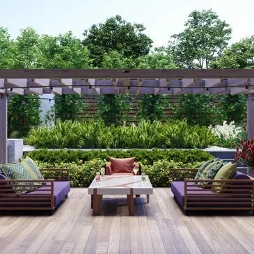 Modern pergola with seating area and lush greenery
